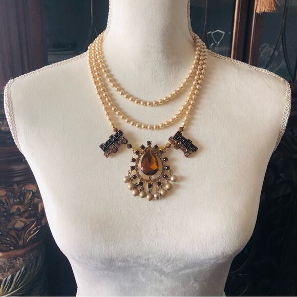 Handcrafted repurpose brown topaz gem Czech glass Pearl toggle clasp necklace - Picture 5 of 9